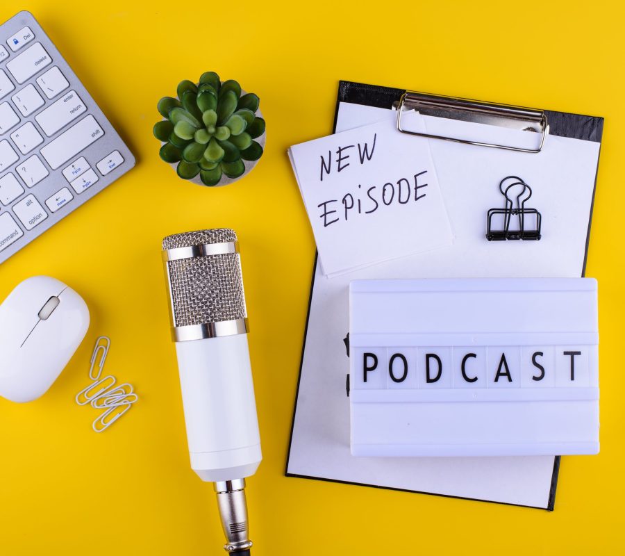 Podcast new episode concept with microphone